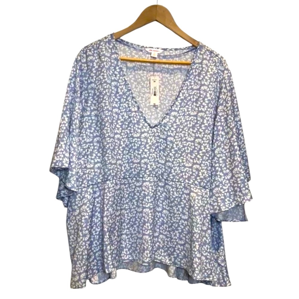 Joe Fresh Plus Blue Floral Ditsy V-neck Flutter Sleeve Top Size 3X